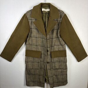 Treasure & Bond Womens Size S Olive Green Plaid Trench Coat Jacket Long Sleeve